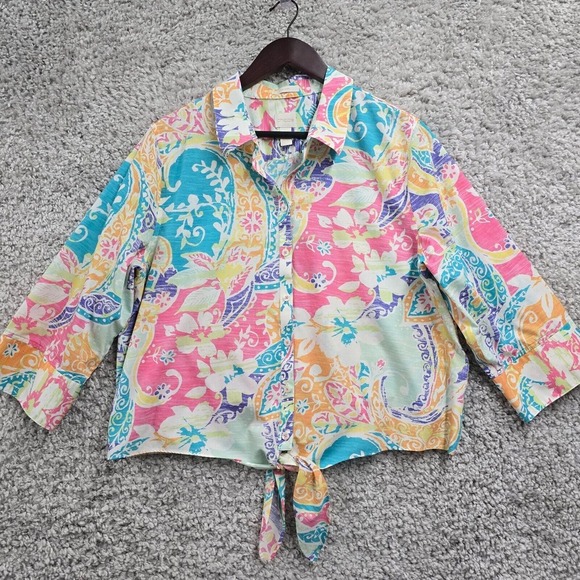 Chicos Shirt Women 3 XL Colorful Button Up 3/4‎ Sleeve Tie Flowers Beach Artsy - Picture 1 of 11